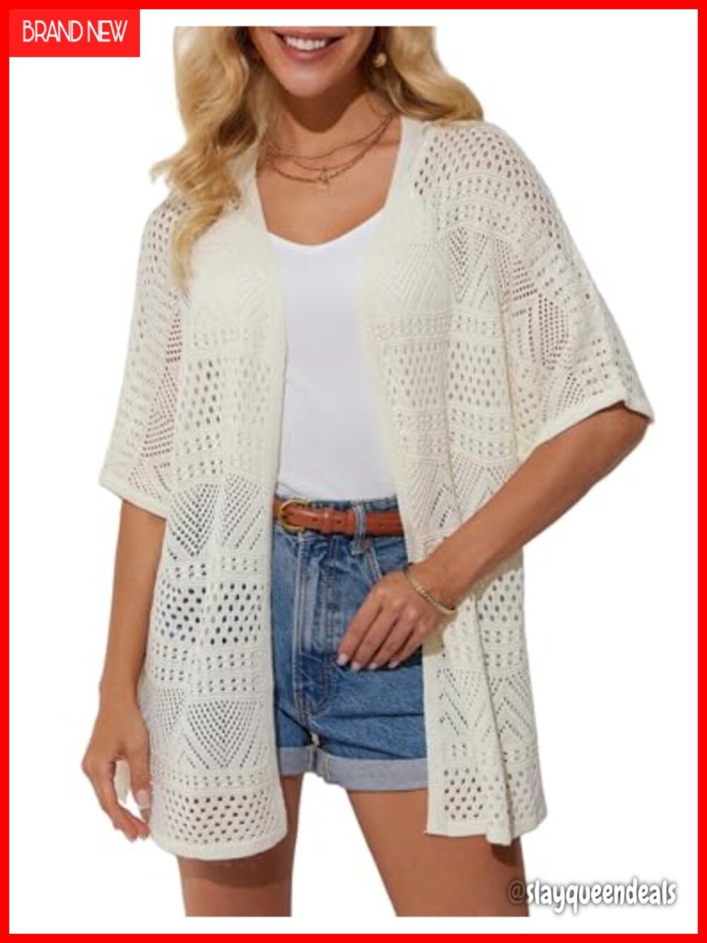 Lightweight Acrylic Crochet Knit Cardigan Open Front Batwing Sleeve Summer